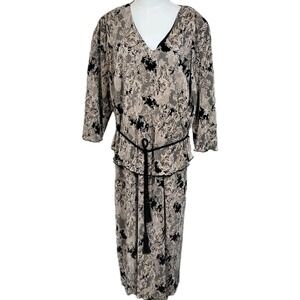 Connected Woman Dress Womens 22W Beige Floral Maxi 3/4 Sleeve Tassel Belted